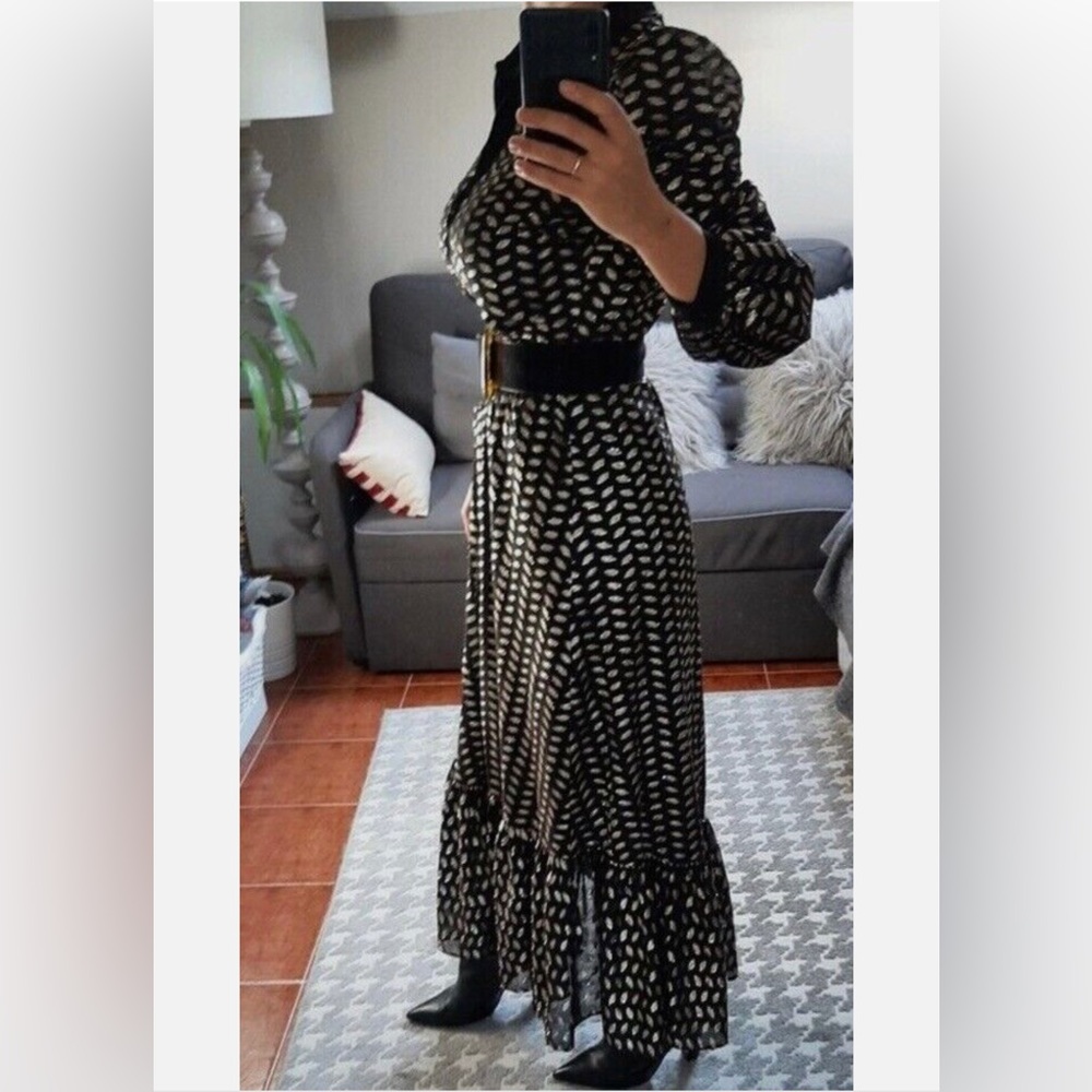 Zara Puff Long Lantern Sleeve Gold Leaf On Black Maxi Dress XS - Picture 7 of 16